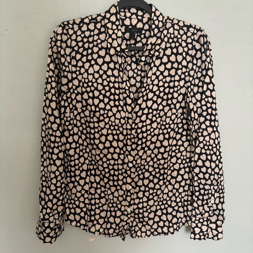 J, Crew Silk Heart Pattern Button Down Blouse